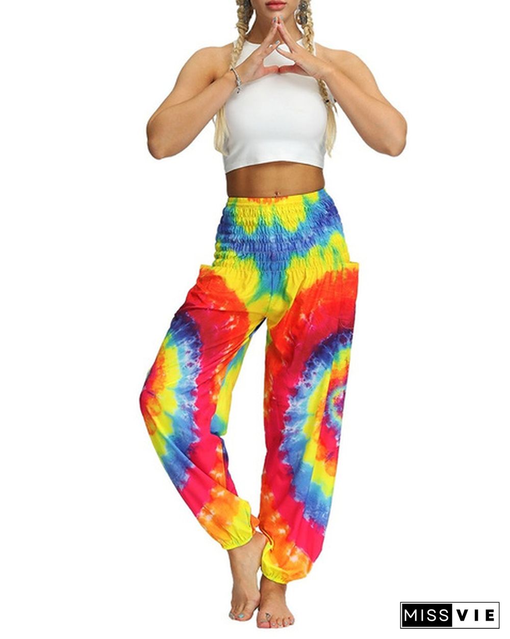 New Fashion Tie Dye Print Harem Hippie Pants for Womens Yoga Pants Wide Leg Comfy Elasticity High Waisted Loose Straight Lounge Running Workout Legging Home Clothes Pants Plus Size S-5XL