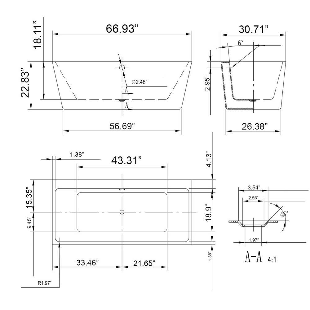 Empava 67 in. Acrylic Center Drain Rectangular Back to Wall Alcove Soaking Bathtub in White with Polished Chrome Overflow EPV-67FT1516