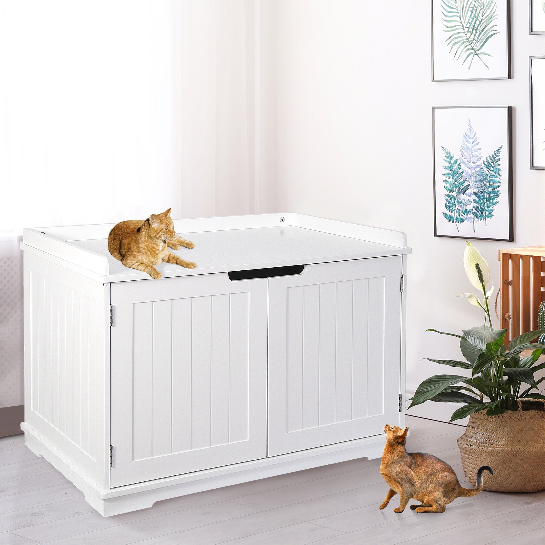 HomGarden Cat Washroom Bench Cat Litter Box Enclosure Furniture White