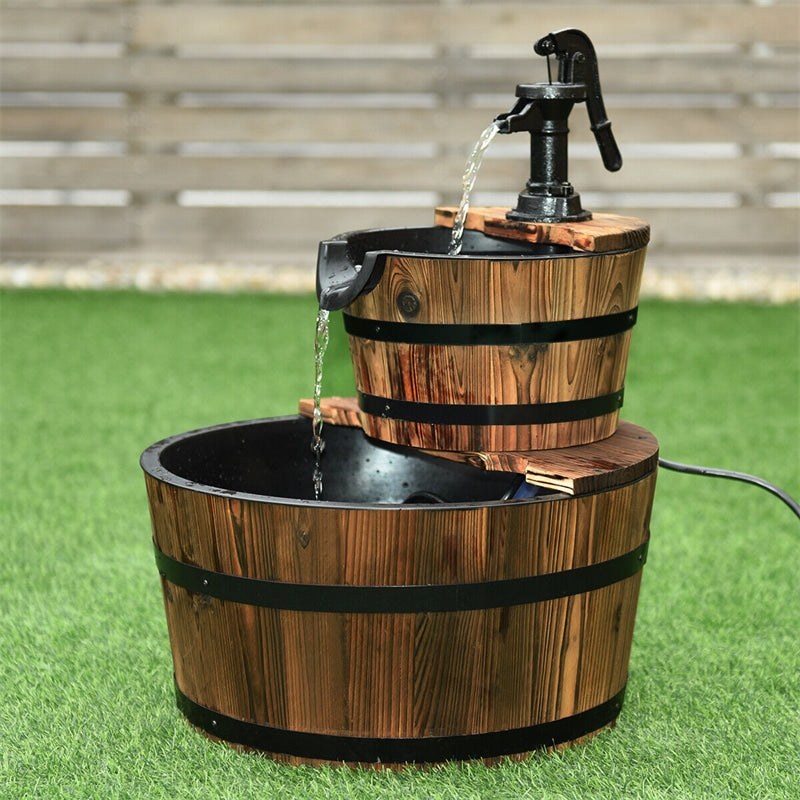 2-Tier Outdoor Barrel Waterfall Fountain with Hand Pump for Garden Backyard