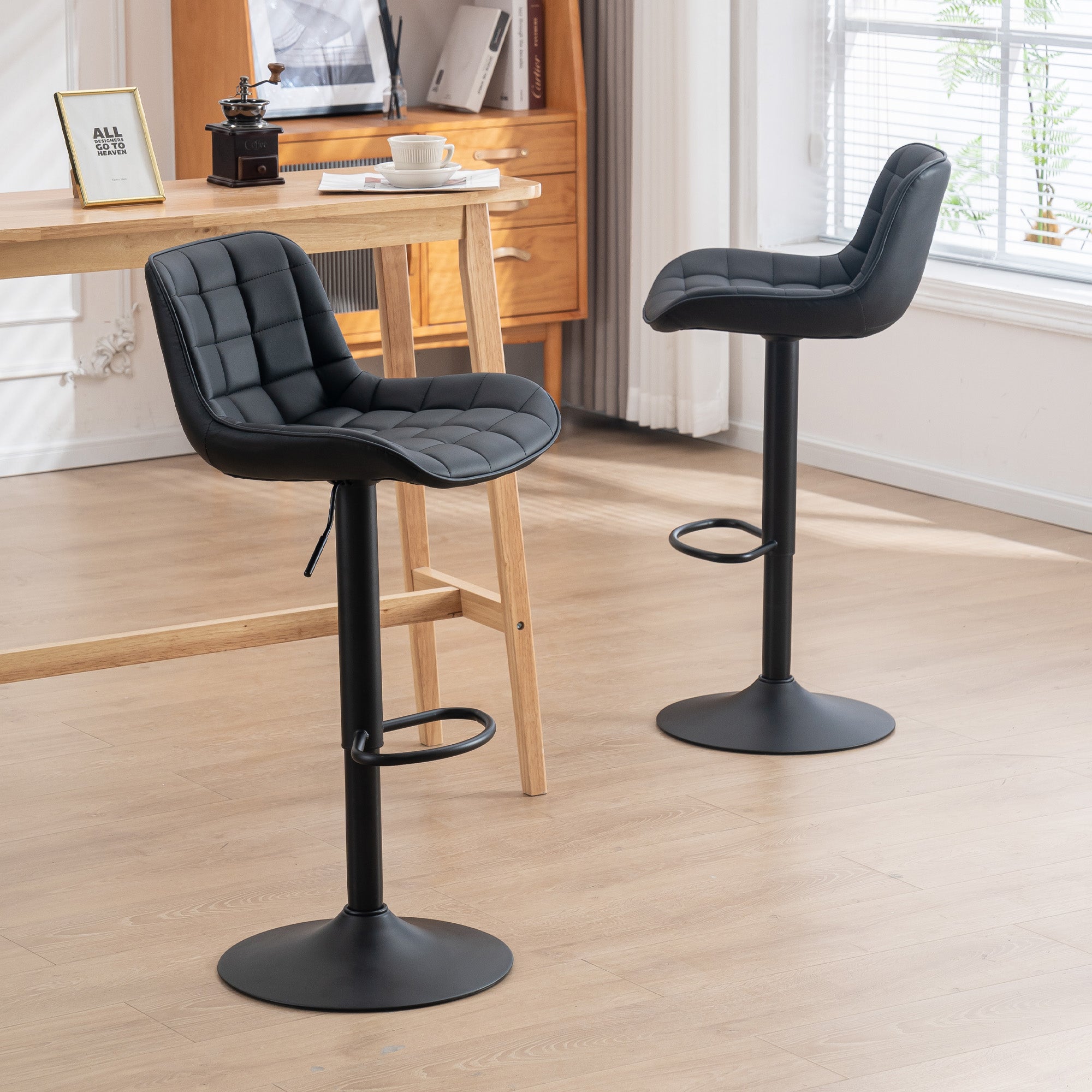 Kidol and Shellder Bar Stools Set of 2 Black PU Leather Swivel Adjustable Kitchen Barstools with Back