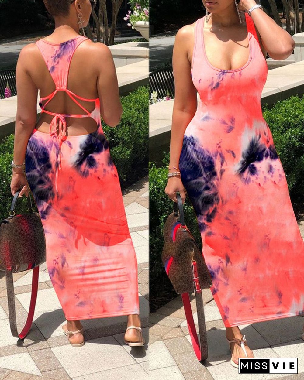 Cut Out Back Tie Dye Print Dress