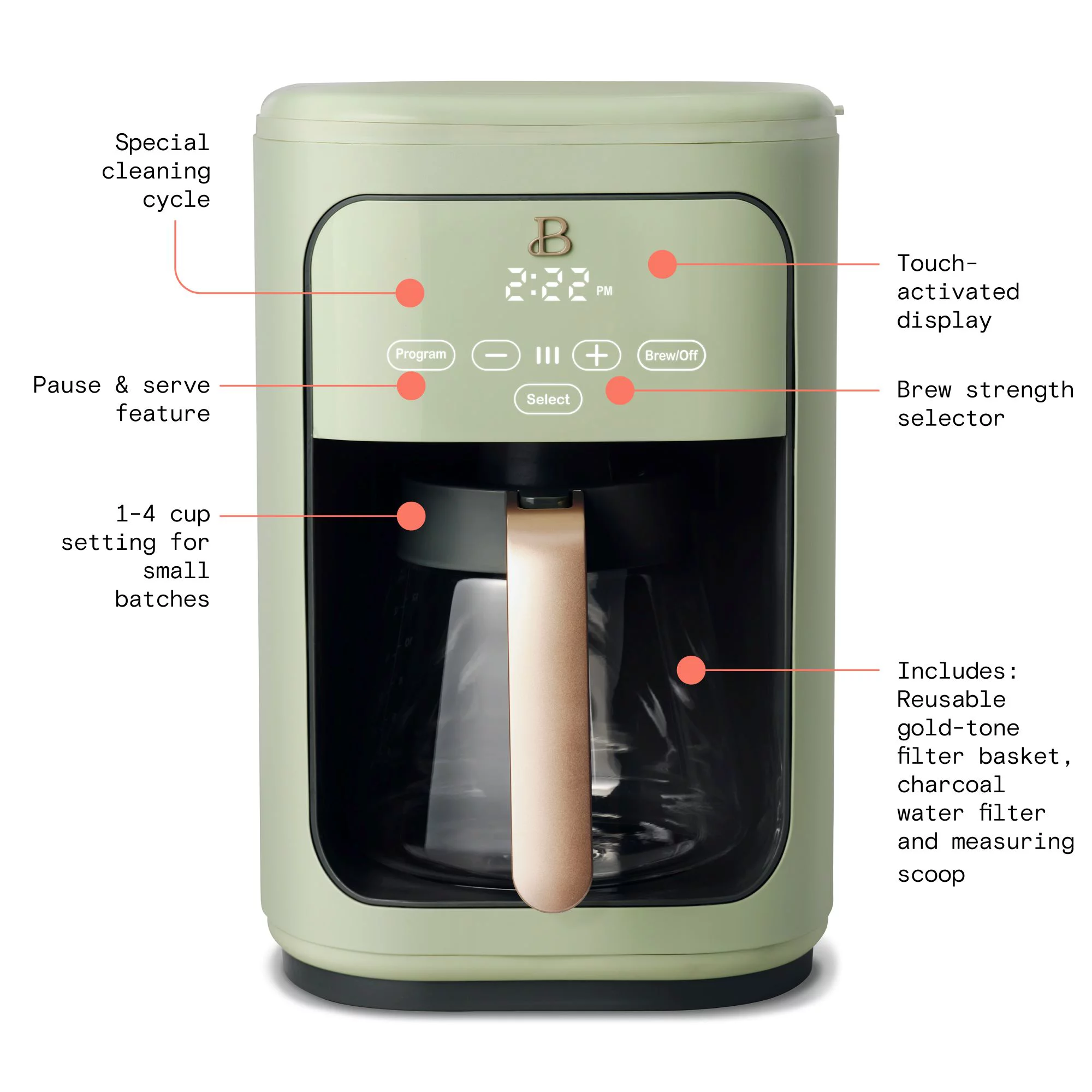 Beautiful 14 Cup Programmable Touchscreen Coffee Maker， Sage Green by Drew Barrymore