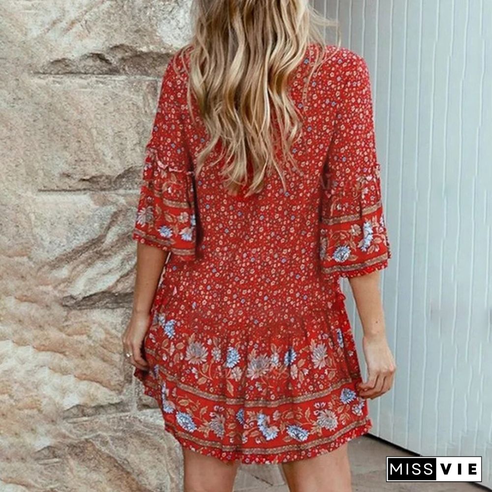 Women Loose Casual Holiday V Neck Floral Printed Sundress Ruffle Beach Mini Shirt Dress Plus