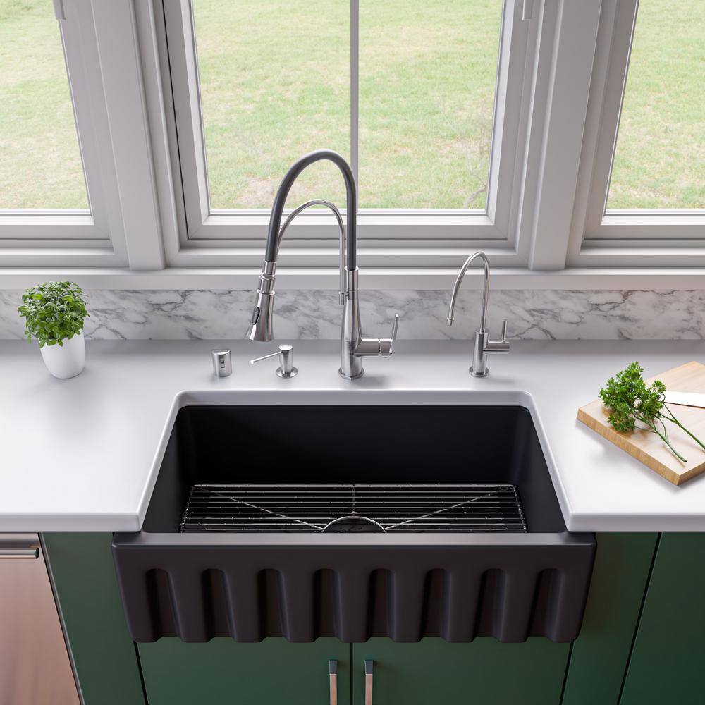 ALFI BRAND Black Matte Fireclay 33.13 in. Single Bowl Farmhouse Apron Workstation Kitchen Sink AB3318HS-BM