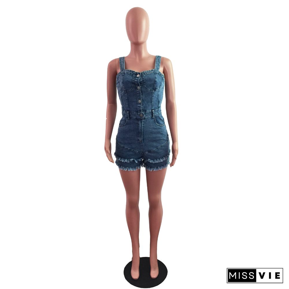 Sexy Women Sleeveless Square Collar Button Bodycon Blue Jeans Summer Club Tassel Denim Romper