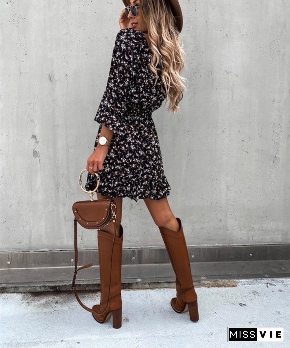 Long Sleeve Elastic Waist Ruffle Printed Dress