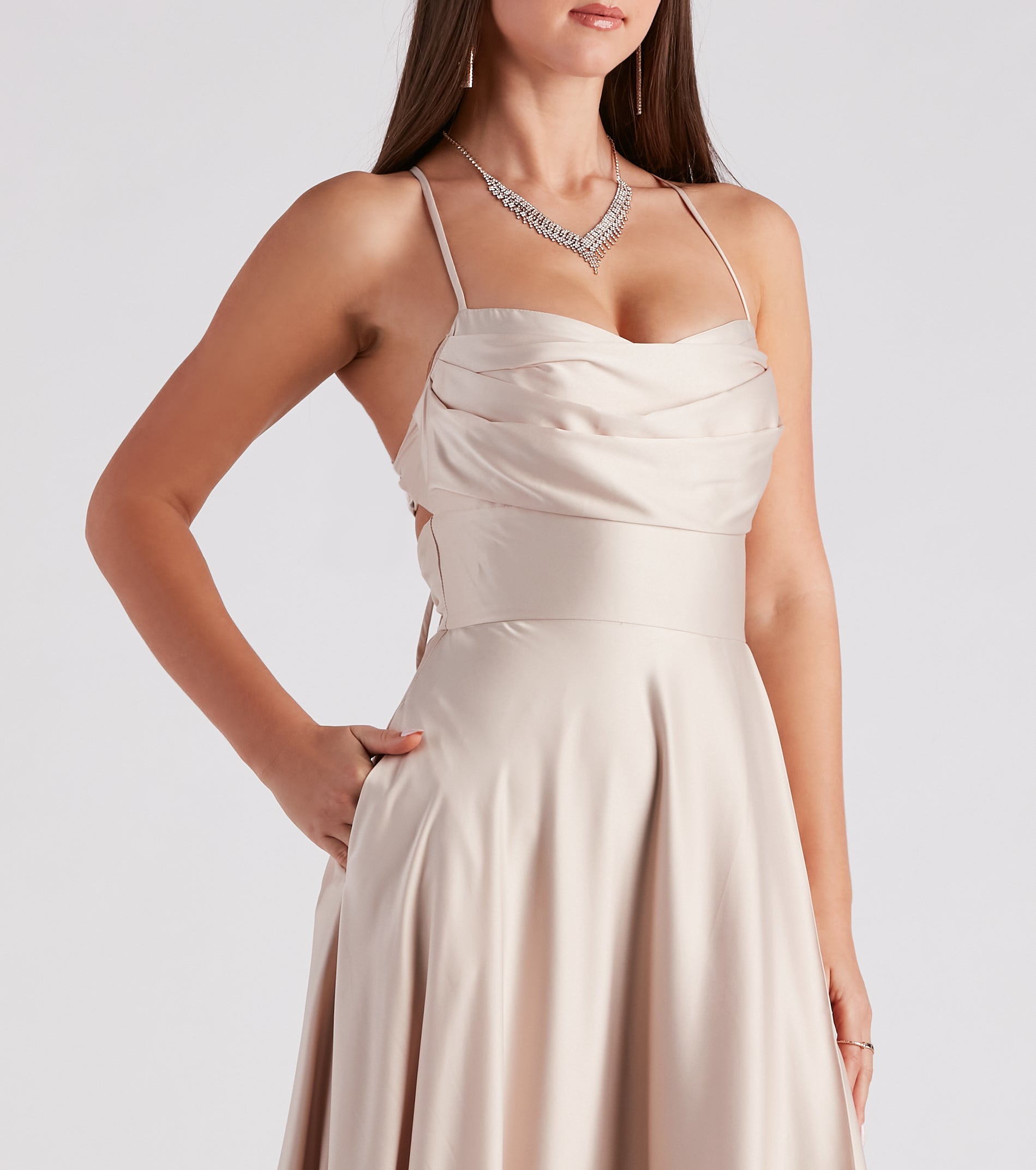 Elaina Formal Satin Cowl A-Line Dress