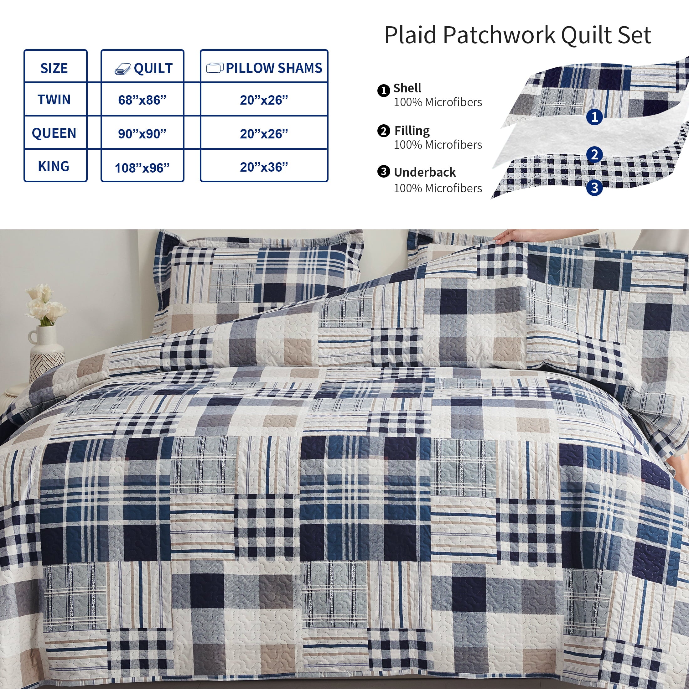 Jessy Home Queen/Full Size Plaid Bedspread Coverlet Buffalo Plaid Patchwork Quilt Navy Blue Bedding