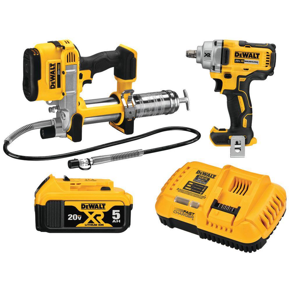 DW 20V MAX XR Cordless Industrial 2 Tool Combo Kit with 12 in. Impact Wrench Grease Gun and (1) 20V 5.0Ah Battery DCK206P1