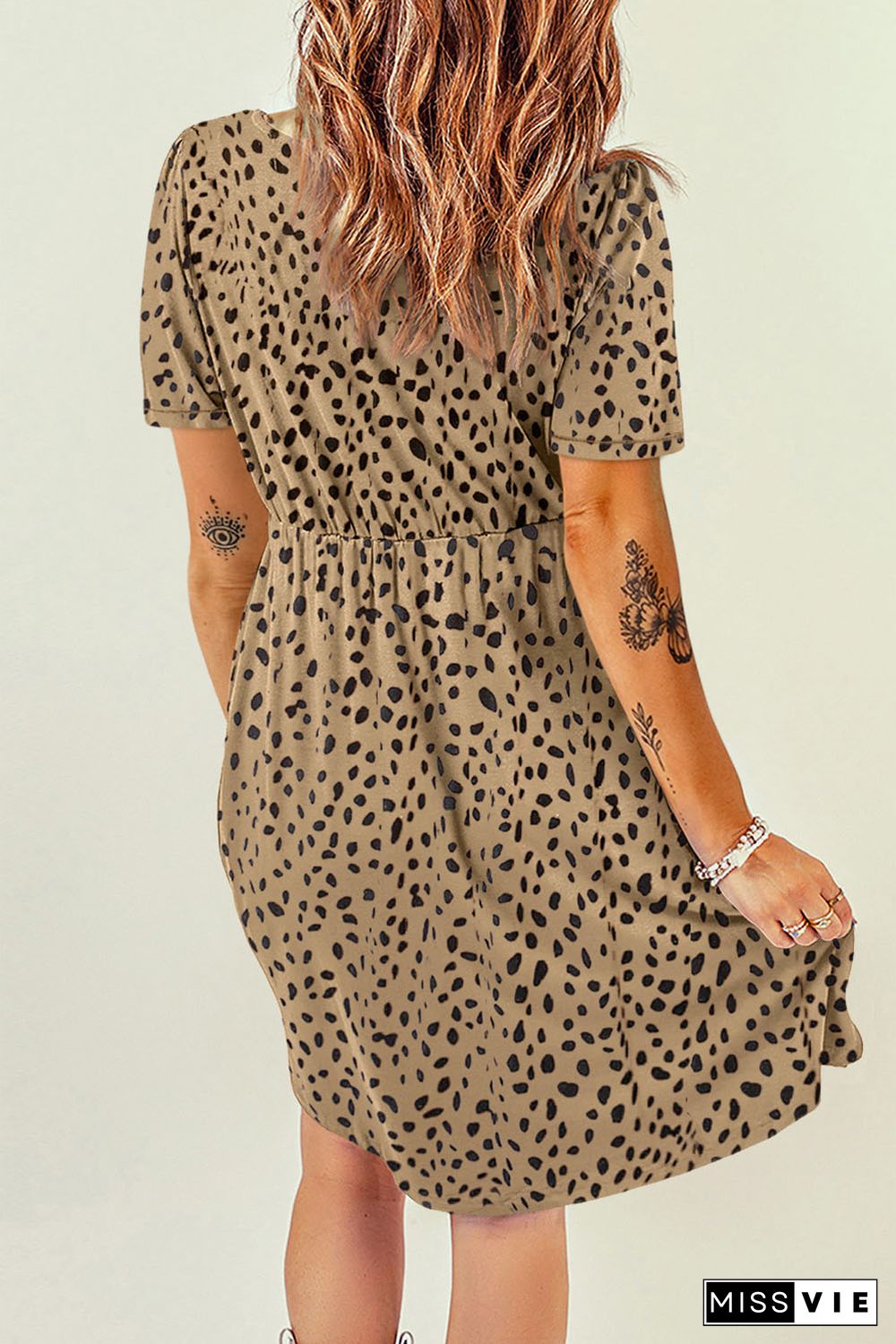 Brown Leopard V-Neck Buttons Short Sleeve Midi Dress