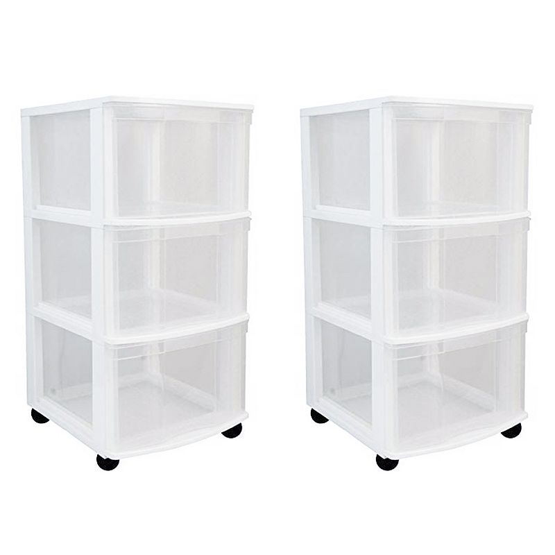 Gracious Living Clear 3 Drawer Storage Chest System with Casters， White (2 Pack)