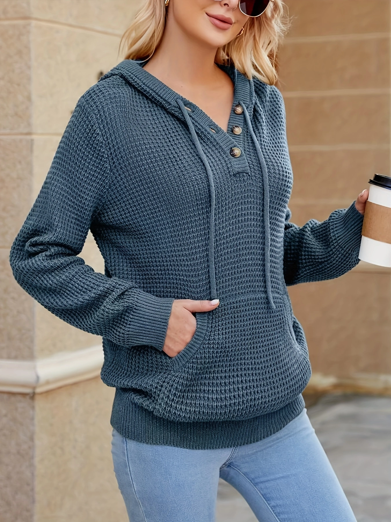 Plus Size Casual Hooded Pullover Sweater with Drawstring, Solid Color Polyester Knit with Slight Stretch, Long Sleeve Hoodie with Pockets for Fall/Winter