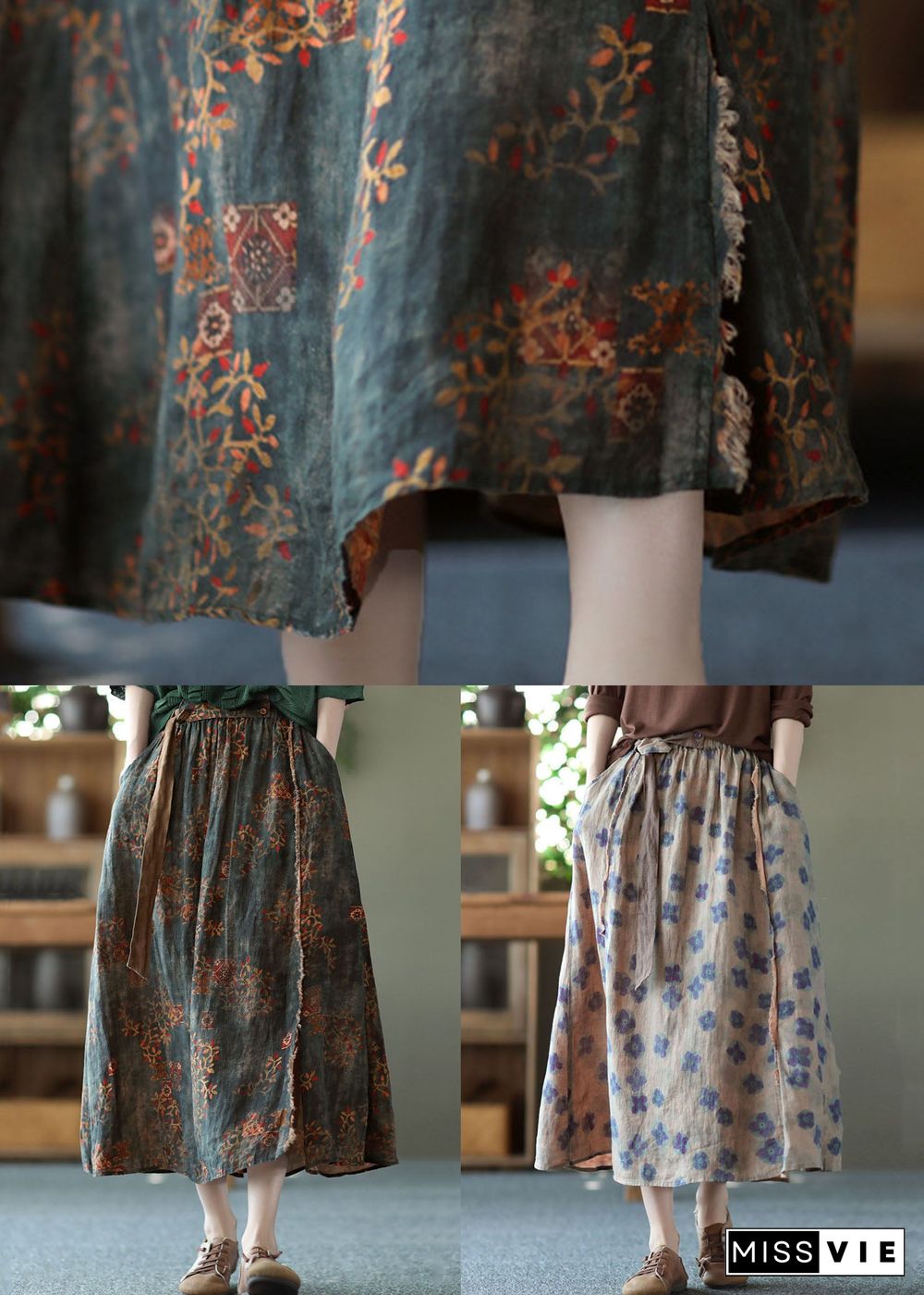 Purple Print Pockets Patchwork Linen Skirts Wrinkled Elastic Waist Summer