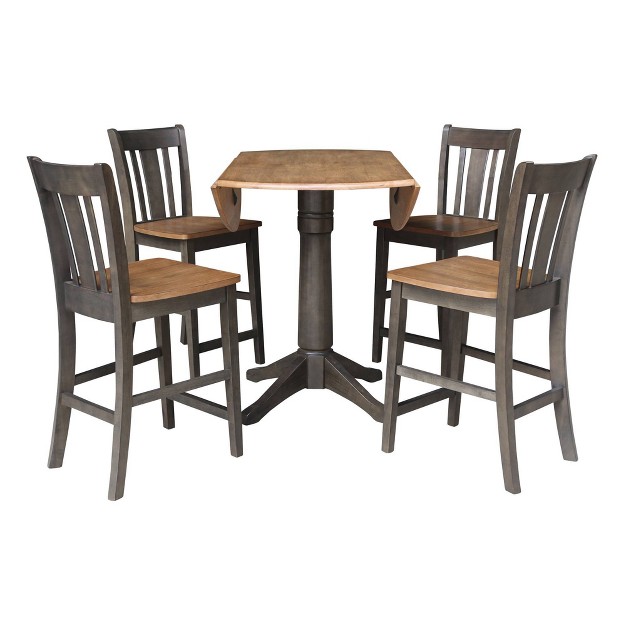 Round Dual Drop Leaf Counter Height Dining Table With 4 Splat Back Stools Hickory washed Coal International Concepts