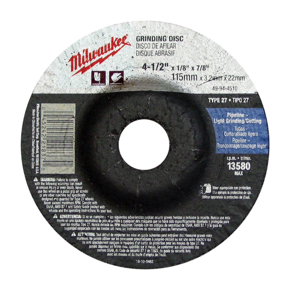 Milwaukee 4-1/2 in. x .045 in. x 7/8 in. Cut-Off Wheel (Type 27) 49-94-4505 from Milwaukee