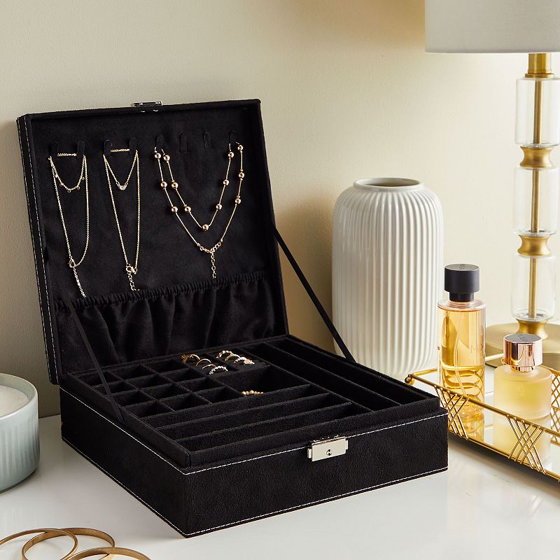 Black Jewelry Box with Lock， Two-Layer Travel Display Case and Storage Organizer with Removable Tray (10.5 x 10.5 In)