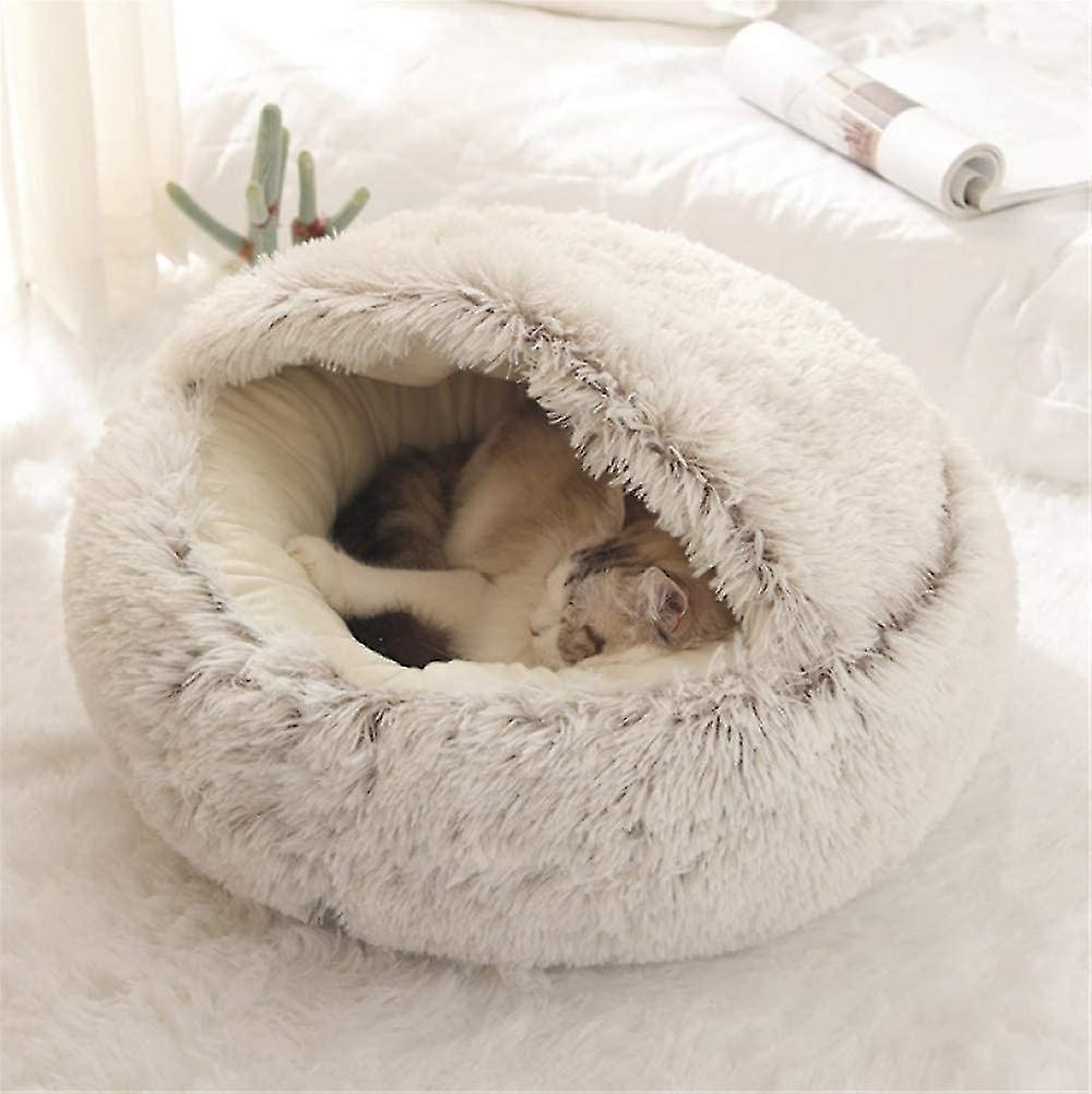 Fluffy Cat Bed， Round， Soft Plush， Den With Hood， Cat Bed， For The Winter， Warm， Sleeping Pillow， Non-slip， Machine Washable， For Cats And Puppies