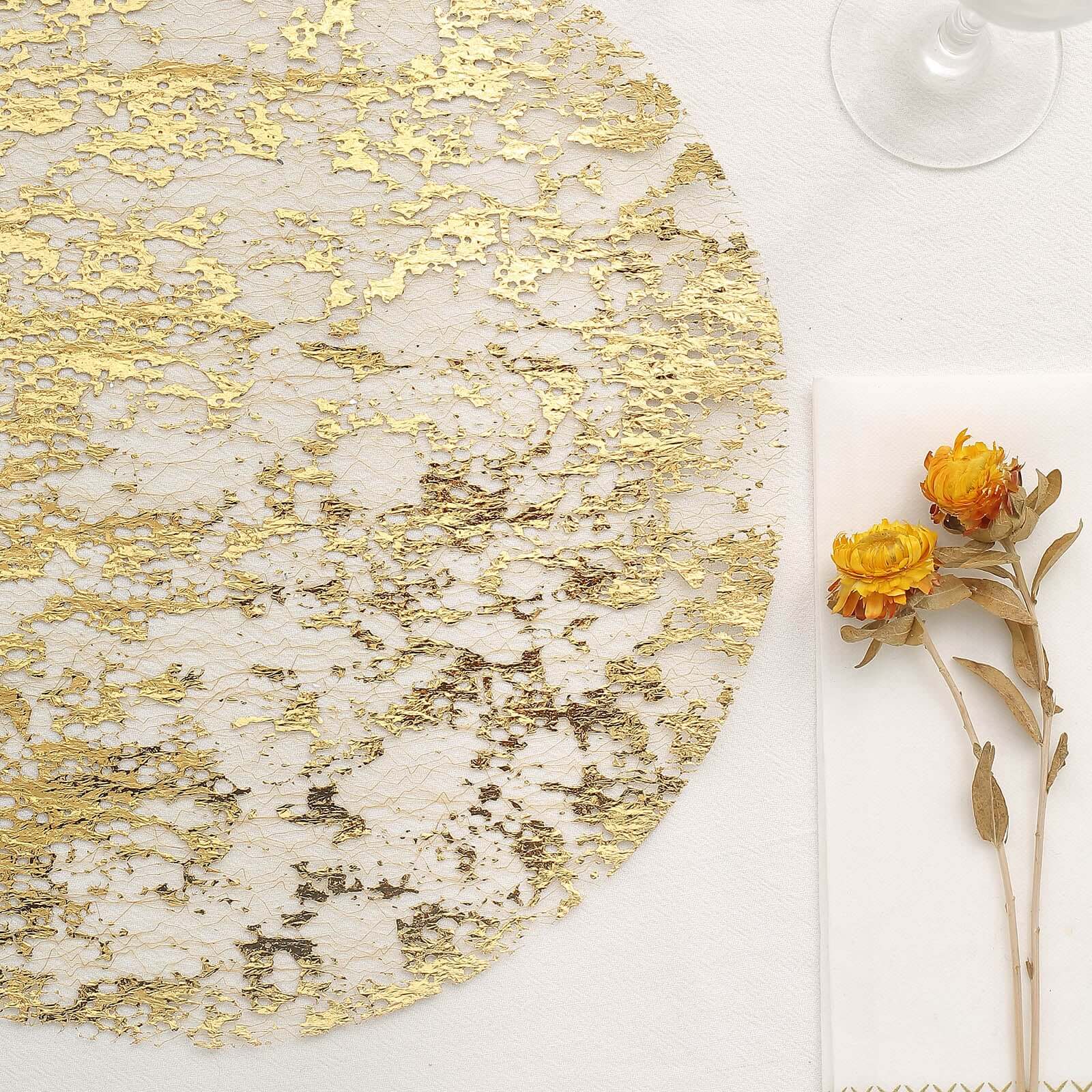 10 Pack Metallic Gold Foil Mesh Table Placemats, Disposable Round Shiny Dining Mats 13