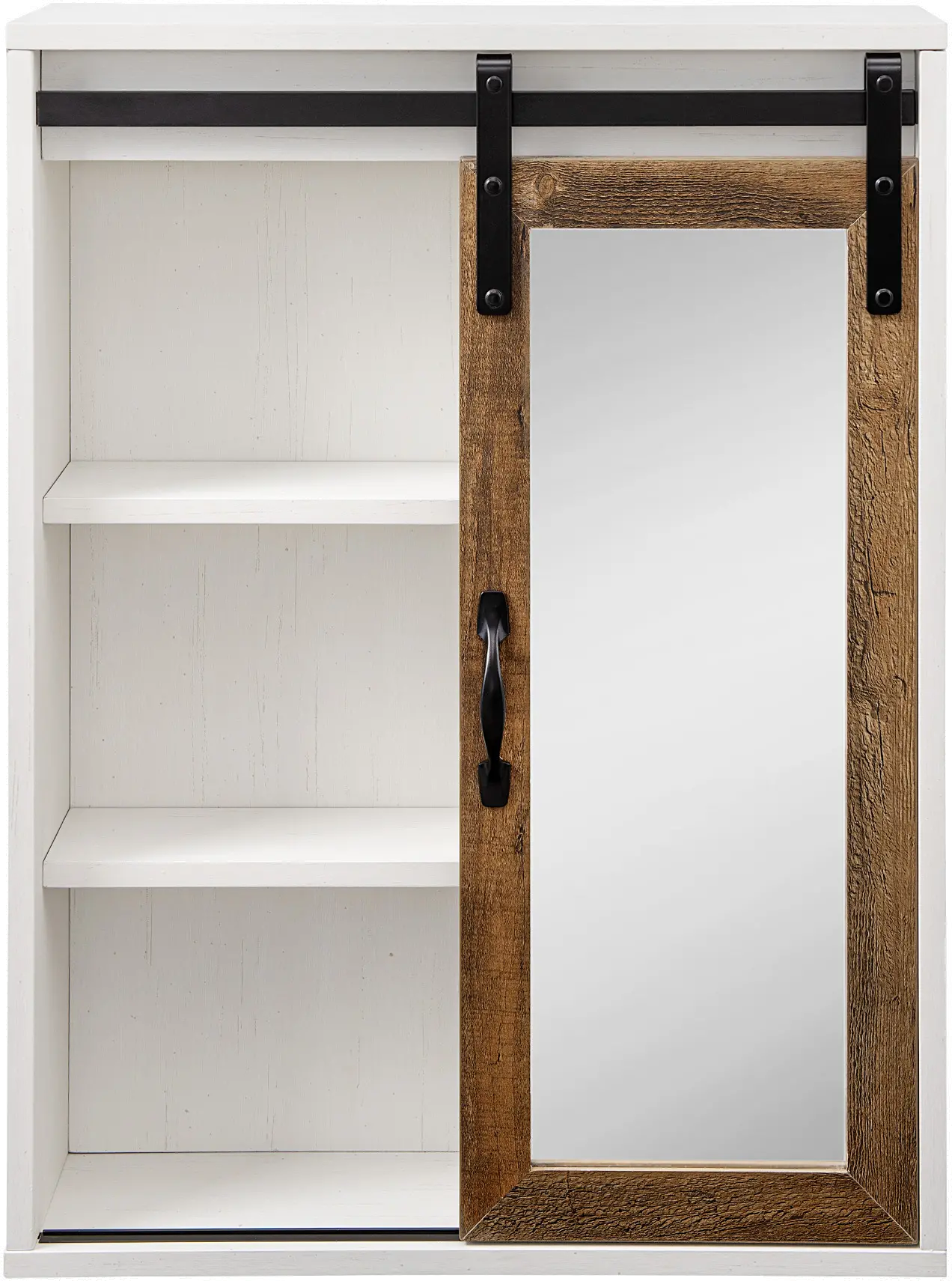 Sliding Mirrored Barn Door White and Oak Wall Cabinet