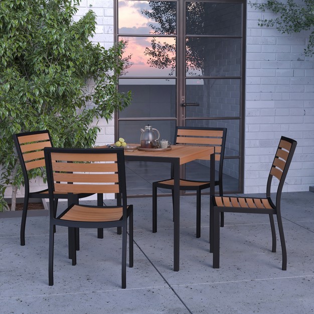 Merrick Lane 5 Piece Patio Table And Chairs Set Faux Teak Wood And Metal Indoor outdoor Table And Chairs With All weather Purpose