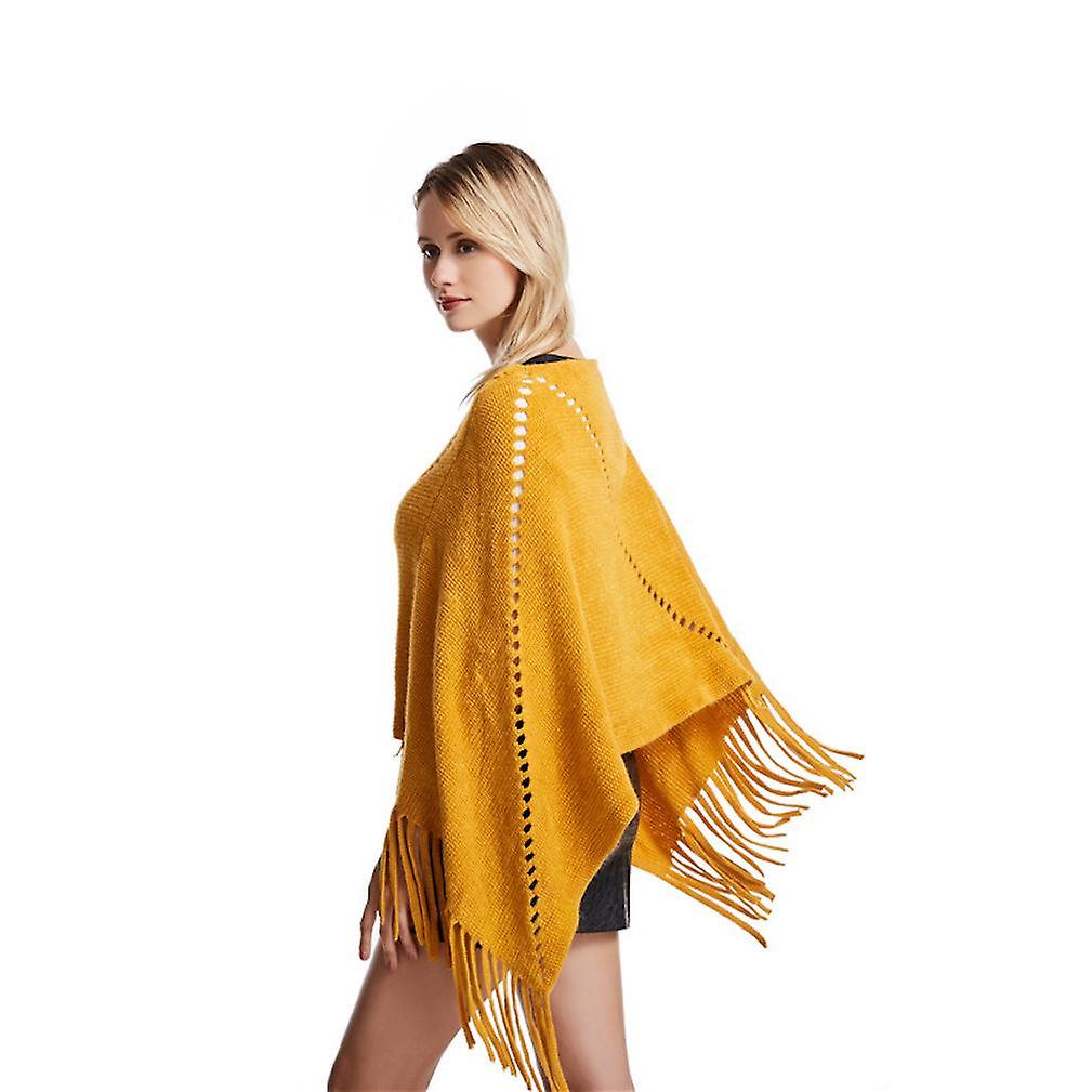 Yellow Loose Shawl Pullover Kniting Poncho With Tassel Batwing Blouse For Lady