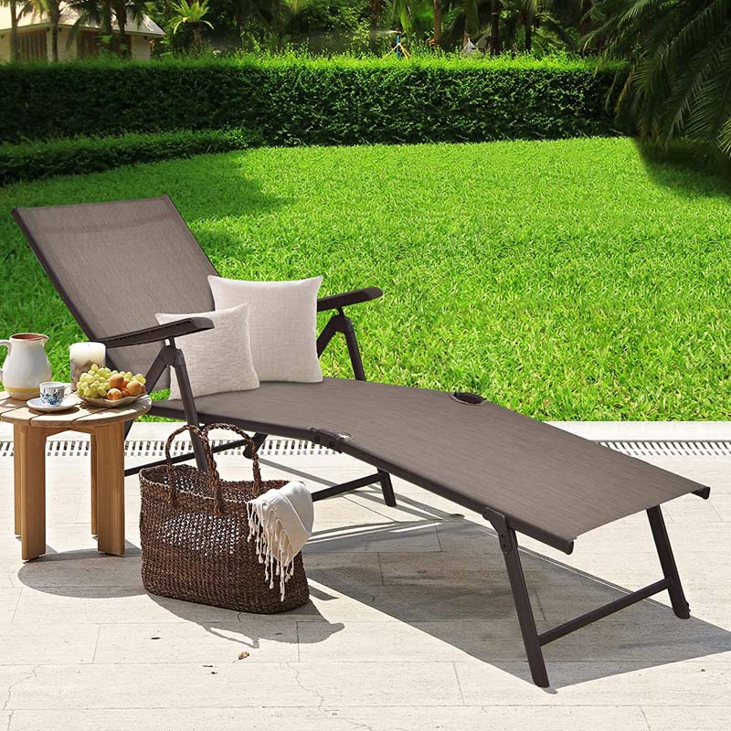 2 Pcs Folding Chaise Lounge Chair with 5-Position Backrest & 2-Position Footrest, Fabric Seat Sun Lounger for Pool Deck Beach