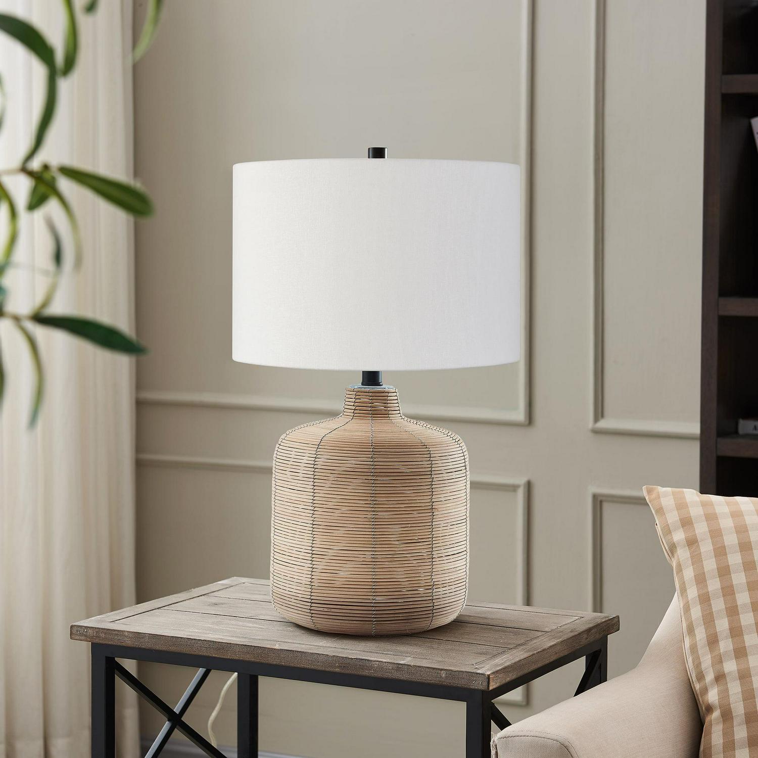 Modern Petite Rattan Table Lamp with Blackened Steel Accents