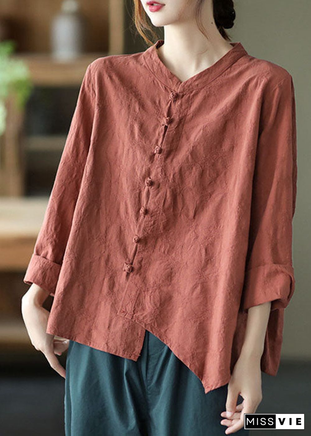 Vintage Brick Red asymmetrical design Patchwork Button Fall Blouses