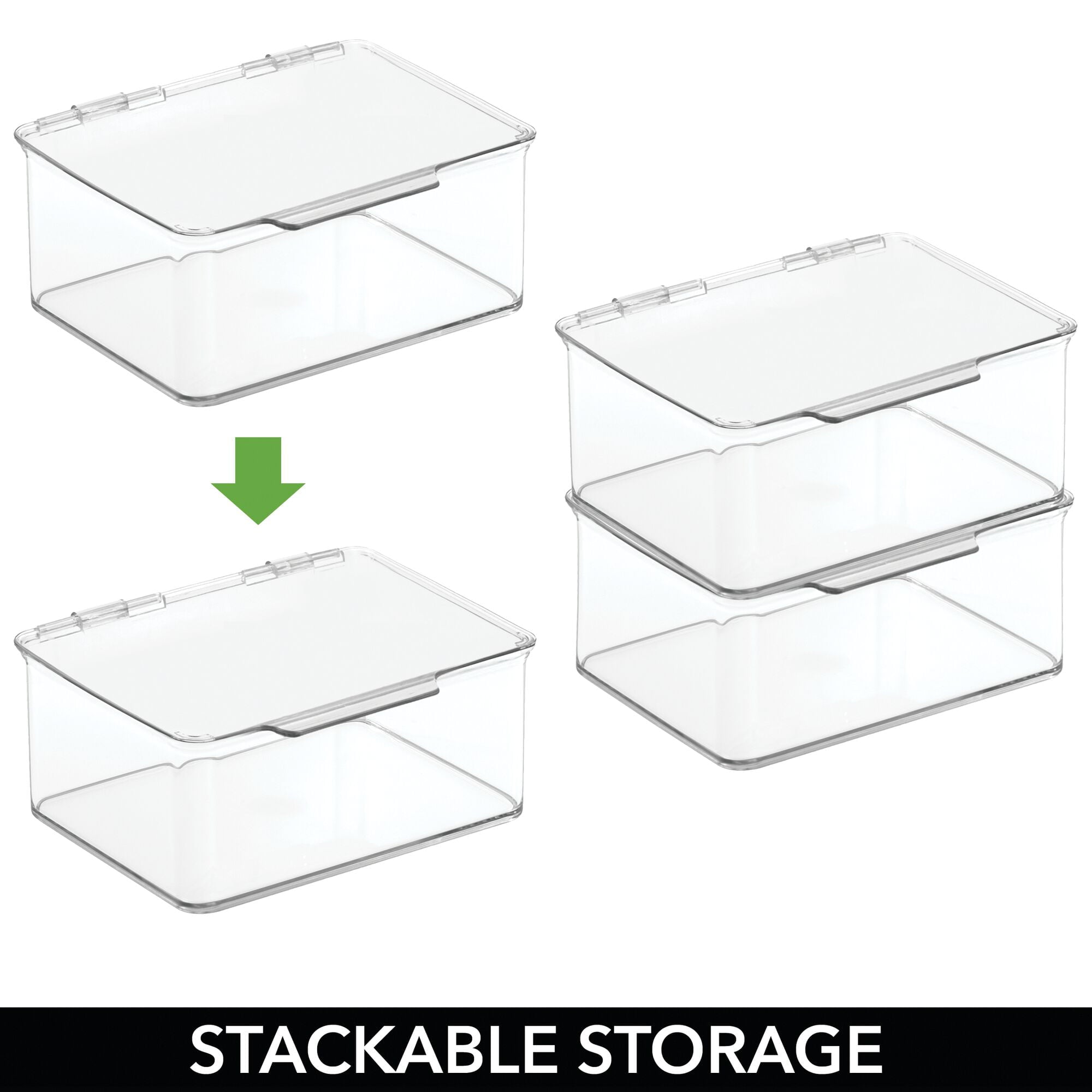 mDesign Plastic Stackable Kitchen Pantry Cabinet/Refrigerator Food Storage Container Box, Attached Lid - Organizer for Coffee, Tea, Packets, Snack Bars - Pack of 4, Includes 32 Labels - Clear