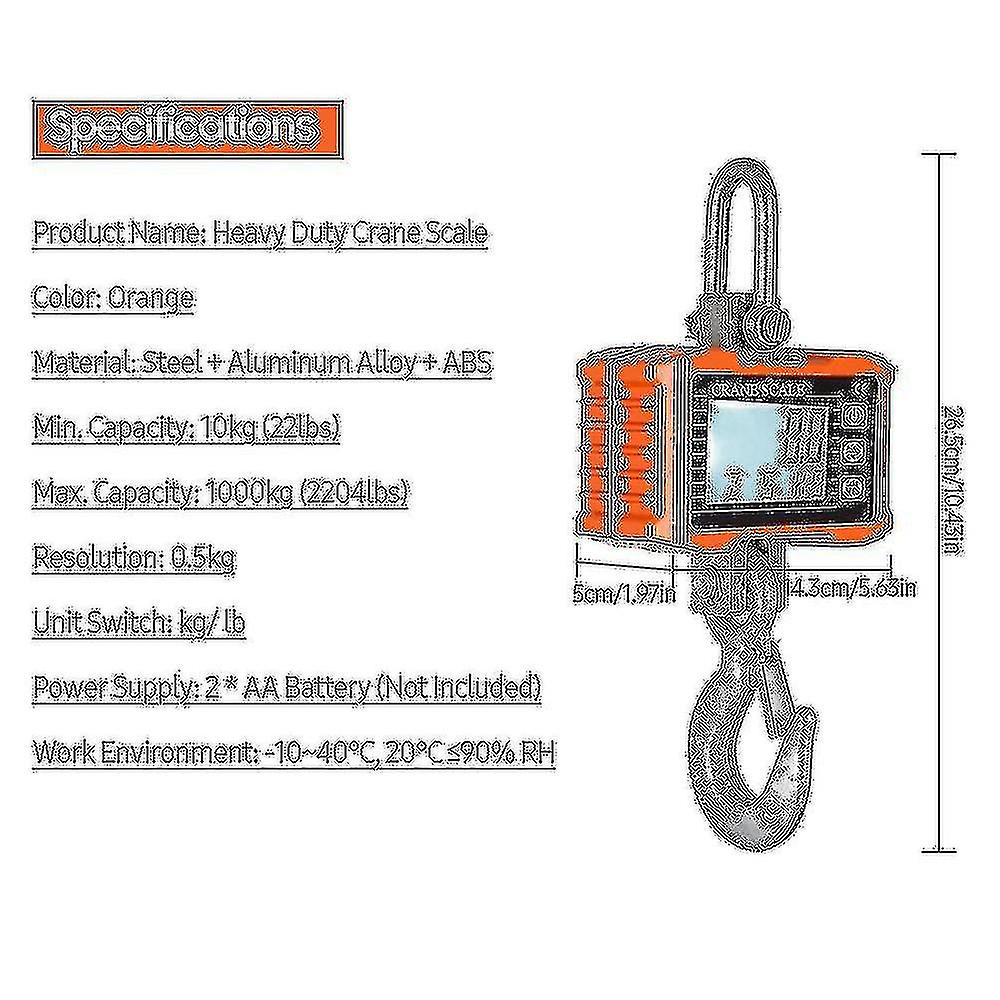 Digital Hanging Scale 1000kg/ 2204lbs Portable Duty Scale Lcd Backlight Industrial Hook Scales Change/ Data Hold/ Tare/ Zero For Cons