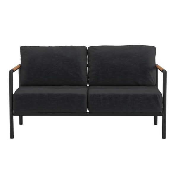 Metal Frame Loveseat with Teak Arm Accents and Plush Cushions