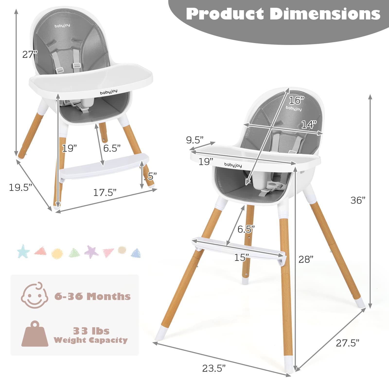 Convertible Baby High Chair, 3 in 1 Highchair, Iron Legs(Wood Grain)