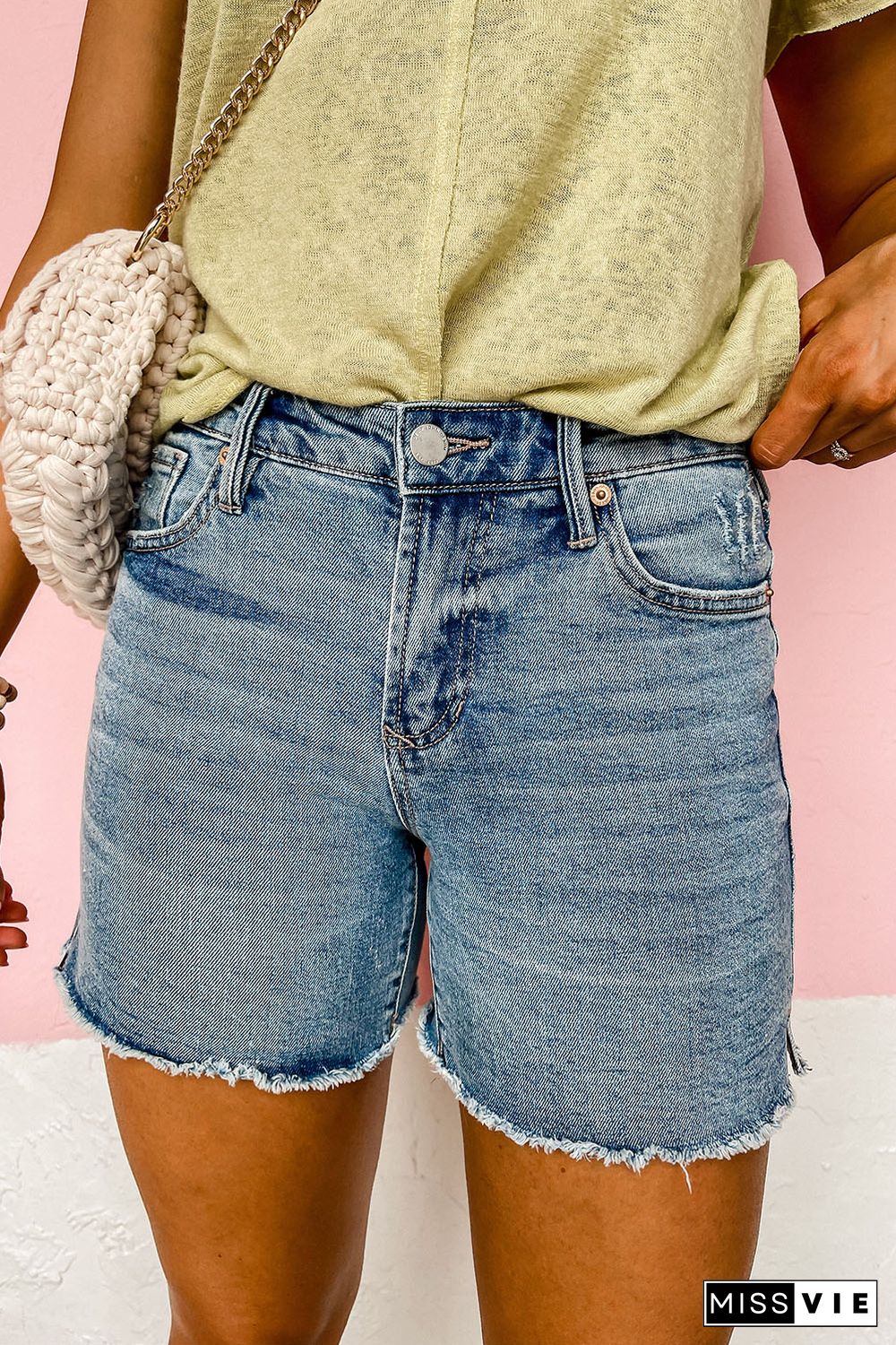 Sky Blue Raw Hem High Waist Denim Shorts