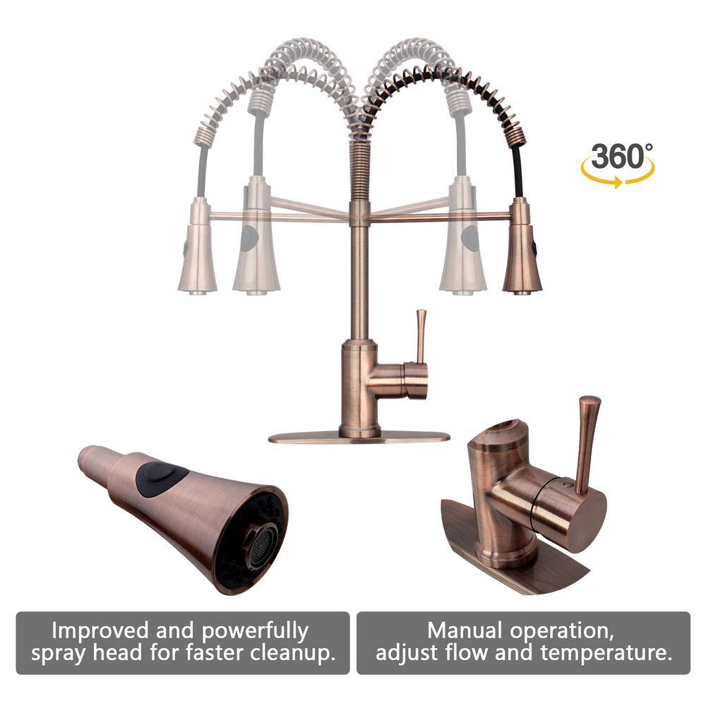 Akicon Single-Handle Pre-Rinse Spring Pull-Down Sprayer Kitchen Faucet in Antique Copper AK566-AC