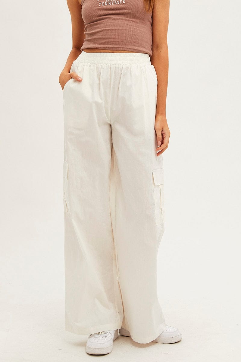 White Wide Leg Cargo Pants High Rise
