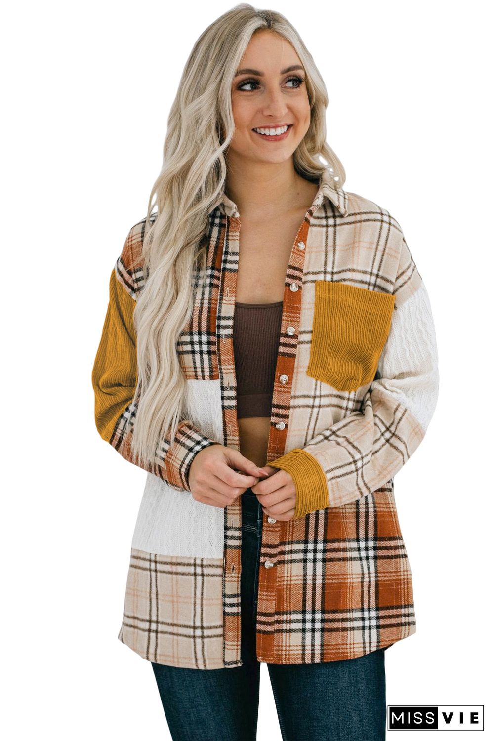 Orange Plaid Color Block Patchwork Shirt Jacket with Pocket