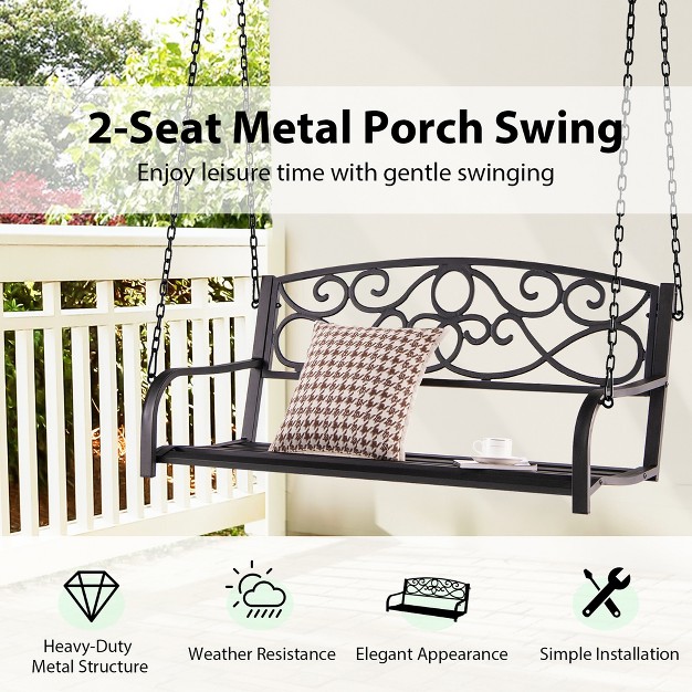 Costway Outdoor 2 person Metal Porch Swing Hanging Patio Bench 485 Lbs Capacity Black brown