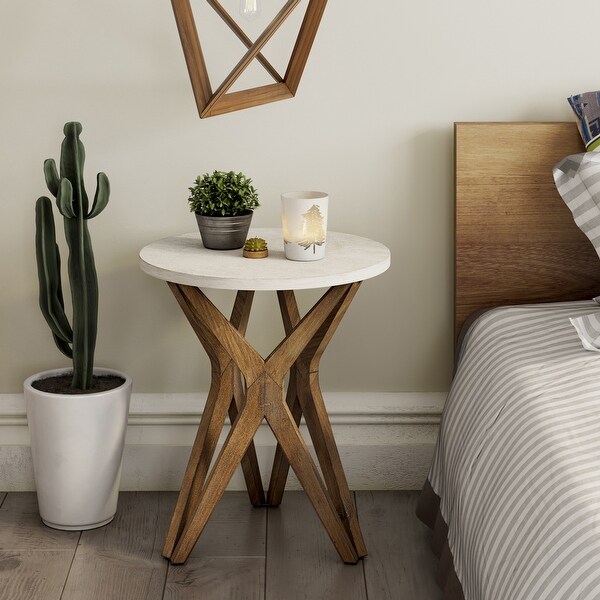 COZAYH Pedestal Farmhouse End Table， Distressed White Top with Base for Modern Farmhouse， Boho Decor， Round