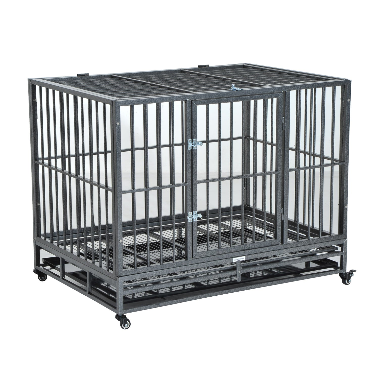 ametoys 42 Stainless Steel Elevated Large Rolling Pet Crate With Dual Pans and Wheels