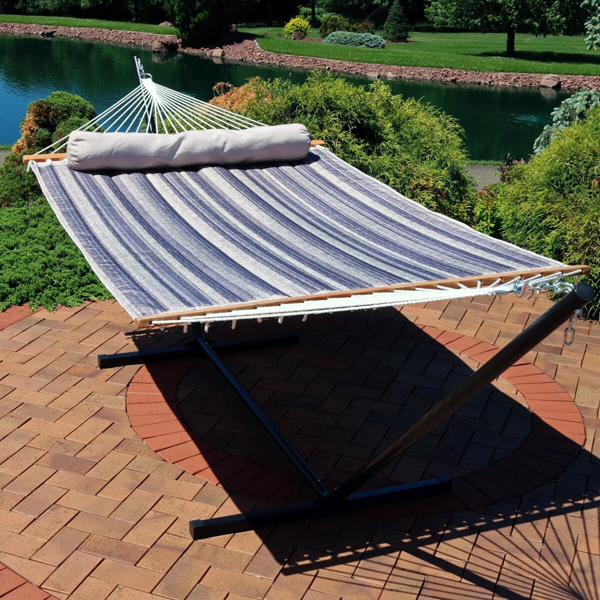 Ultimate Patio Quilted Double Hammock w/ 12-Foot Steel Beam Stand and Pillow