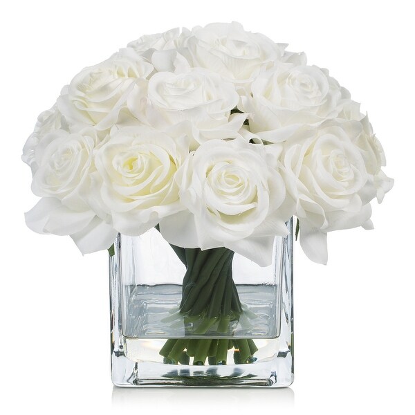 Enova Home Artificial Silk Rose Flowers in Cube Glass Vase with Faux Water for Home Office Decoration