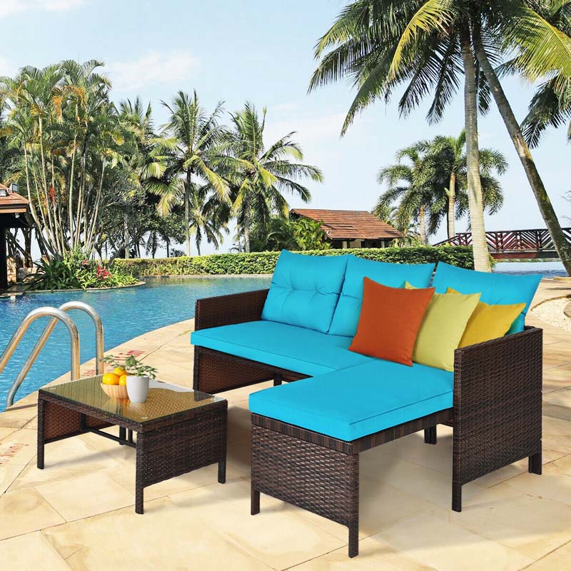 3 Pcs Rattan Patio Furniture Set Outdoor Conversation Sofa Set with Loveseat Chair & Coffee Table