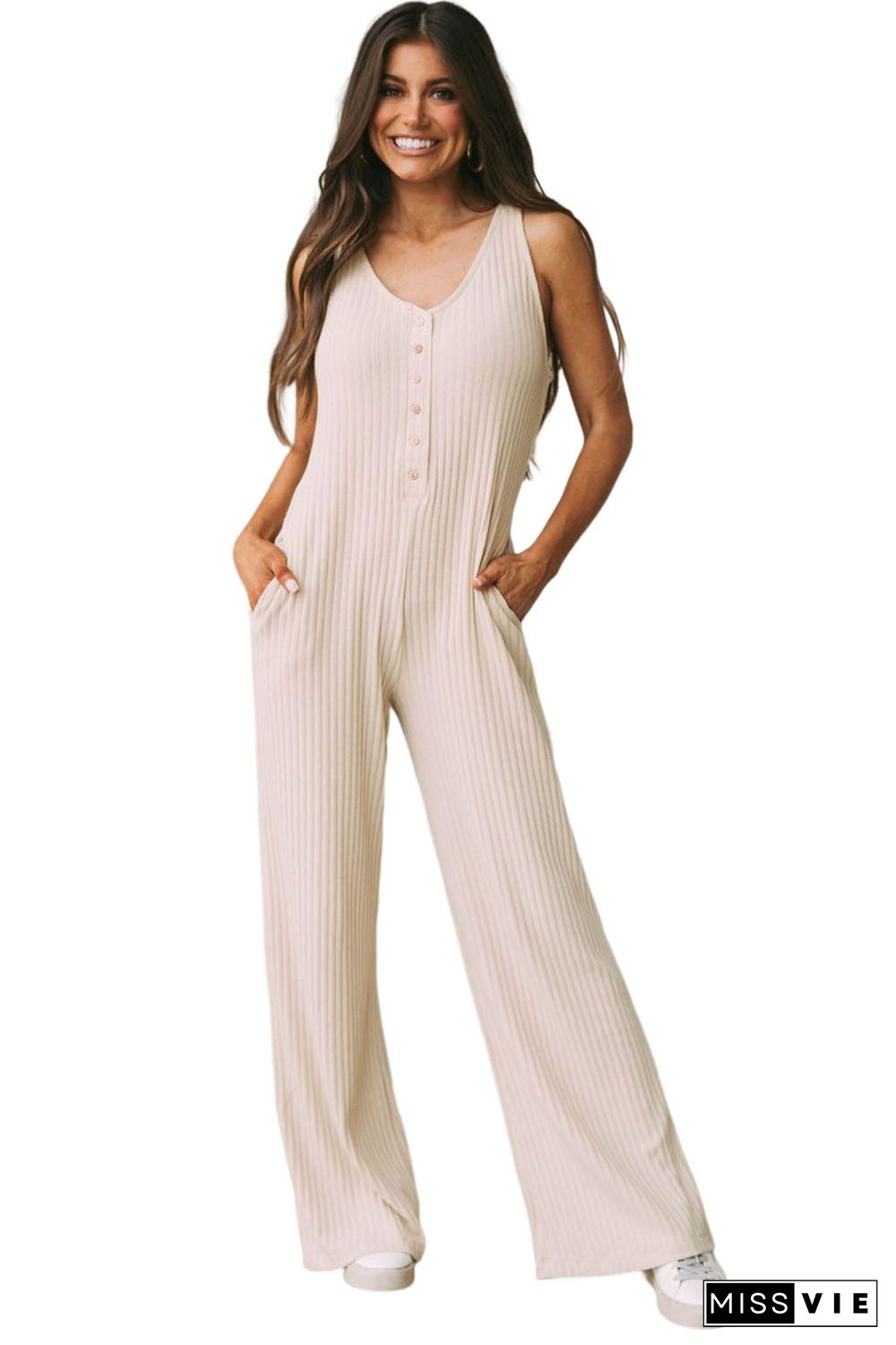 Apricot Sleeveless Buttoned Ribbed Wide Leg Jumpsuit with Pockets