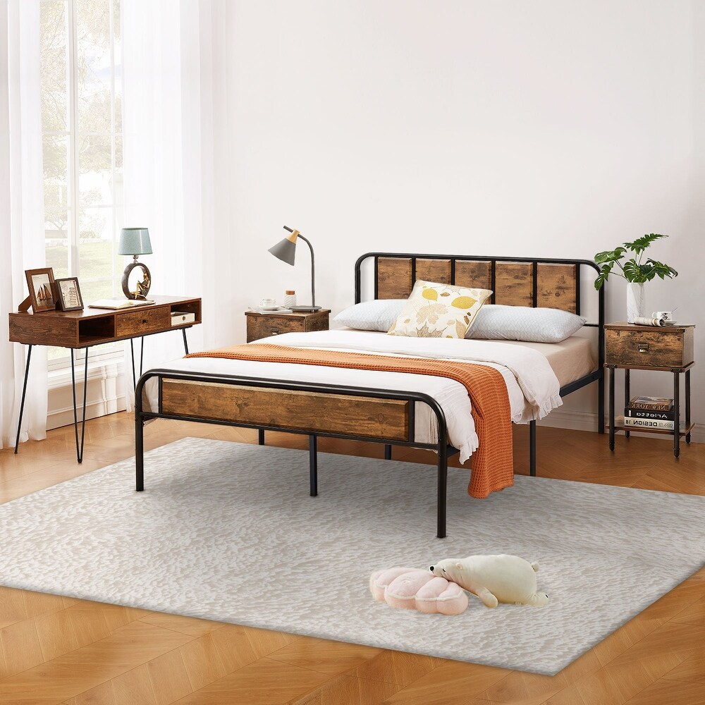 Industrial 4 pieces Bedroom Set Bed Frame Modern Nightstands Set of 2 and Makeup Desk