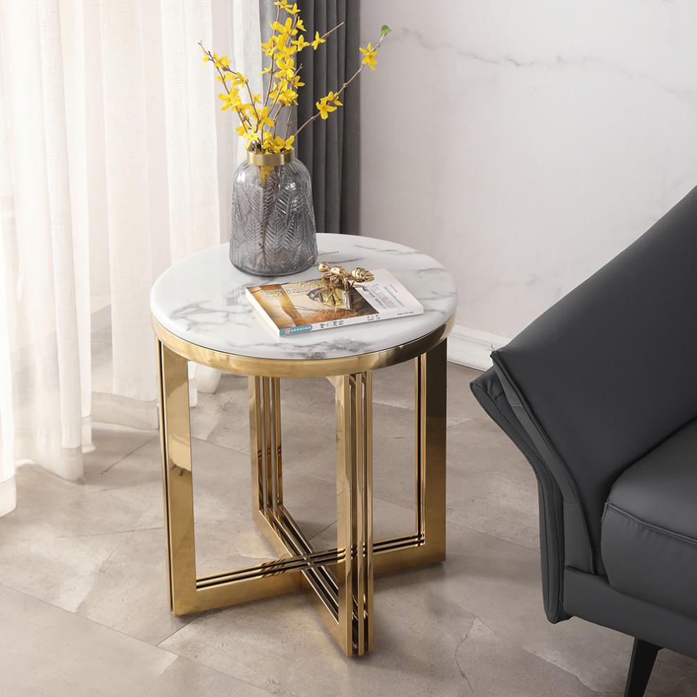 Modern Round Marble top End Table Side Table in White  ampGold   Contemporary   Side Tables And End Tables   by Homary International Limited  Houzz