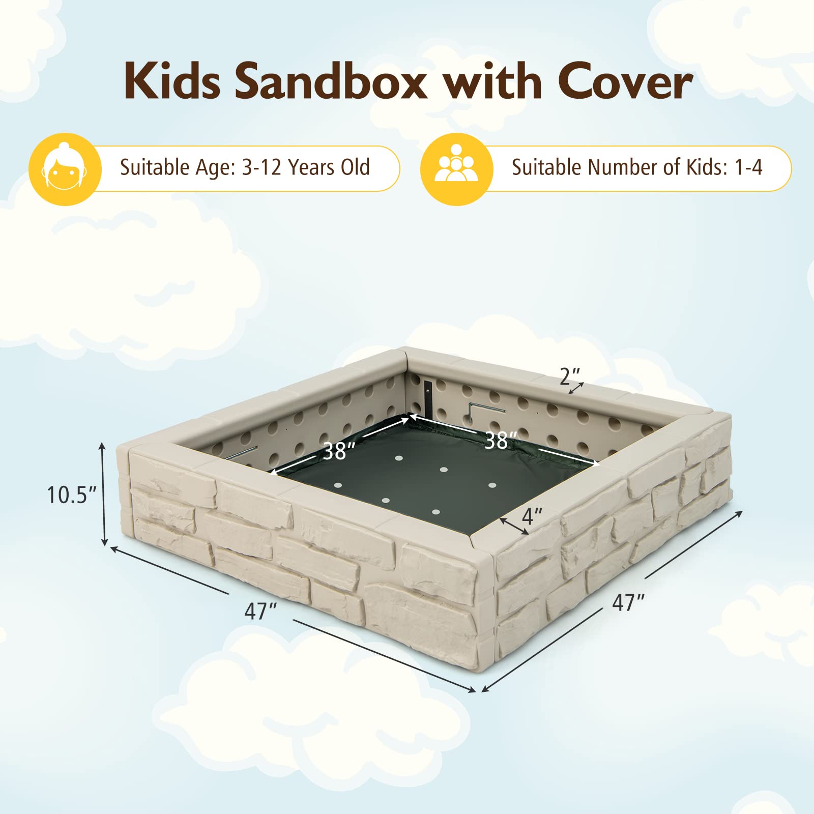 Costzon Kids Sandbox with Cover, 47” x 47” HDPE Sandpit with Oxford Cover, Bottom Liner