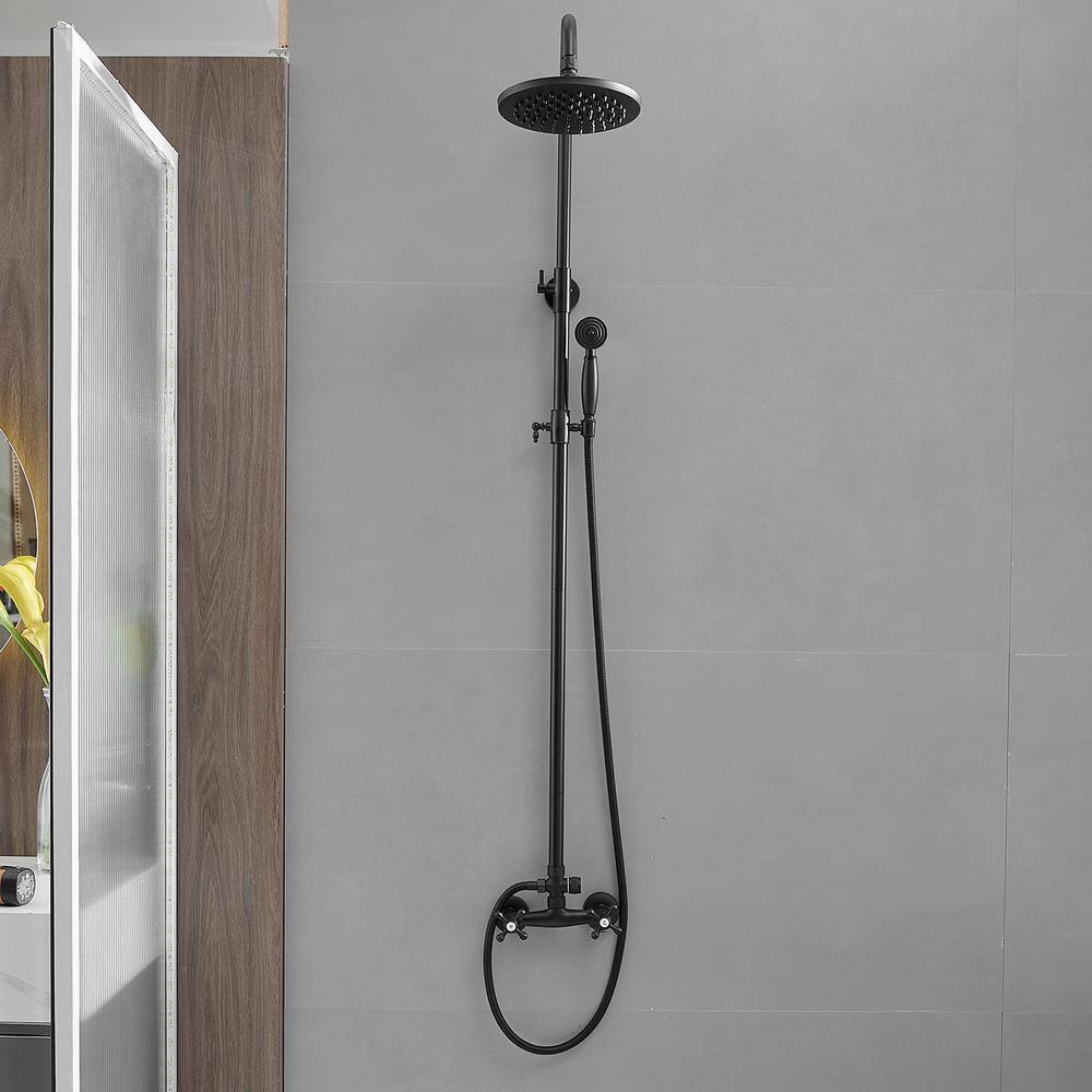 BWE 1-Spray Wall Bar Shower Kit 8 in. Round Rain Shower Head with Hand Shower And 2 Cross Knobs in Matte Black A-98015-B