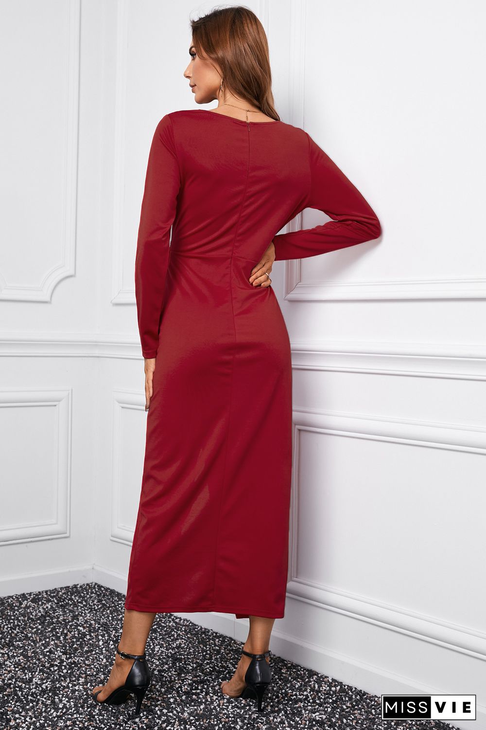 Wine Red Long Sleeve V Neck Twist Front Slit Long Dress