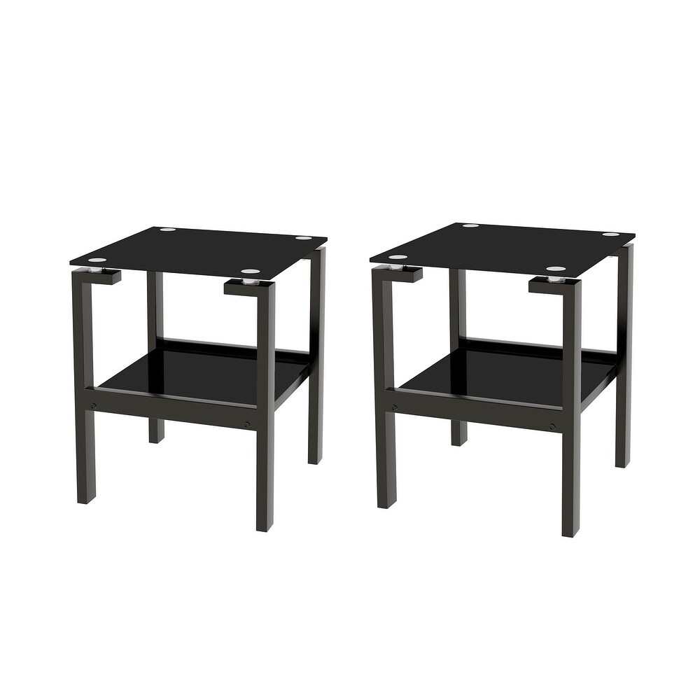 Black Tempered Glass End Table Small Side Table with 2 Layer